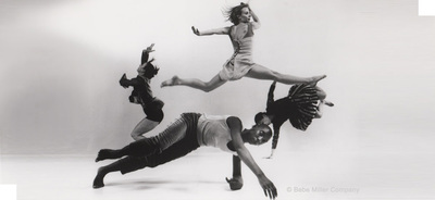 Bebe Miller Company dancers in a sequence of leaps and floorwork