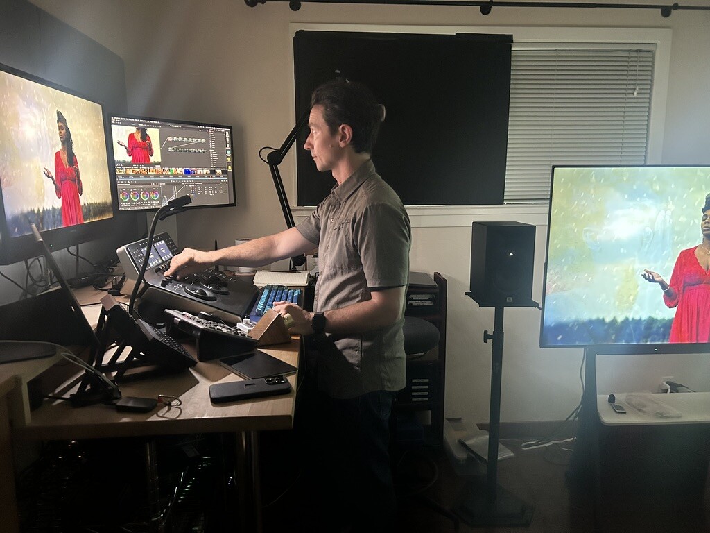 Colorist Jamie LeJeune working at a color-grading station