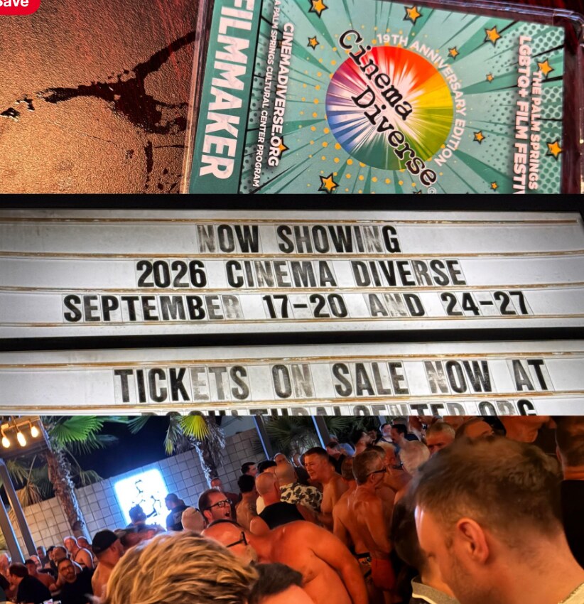 Cinema Diverse program, theater marquee and festival gathering in Palm Springs